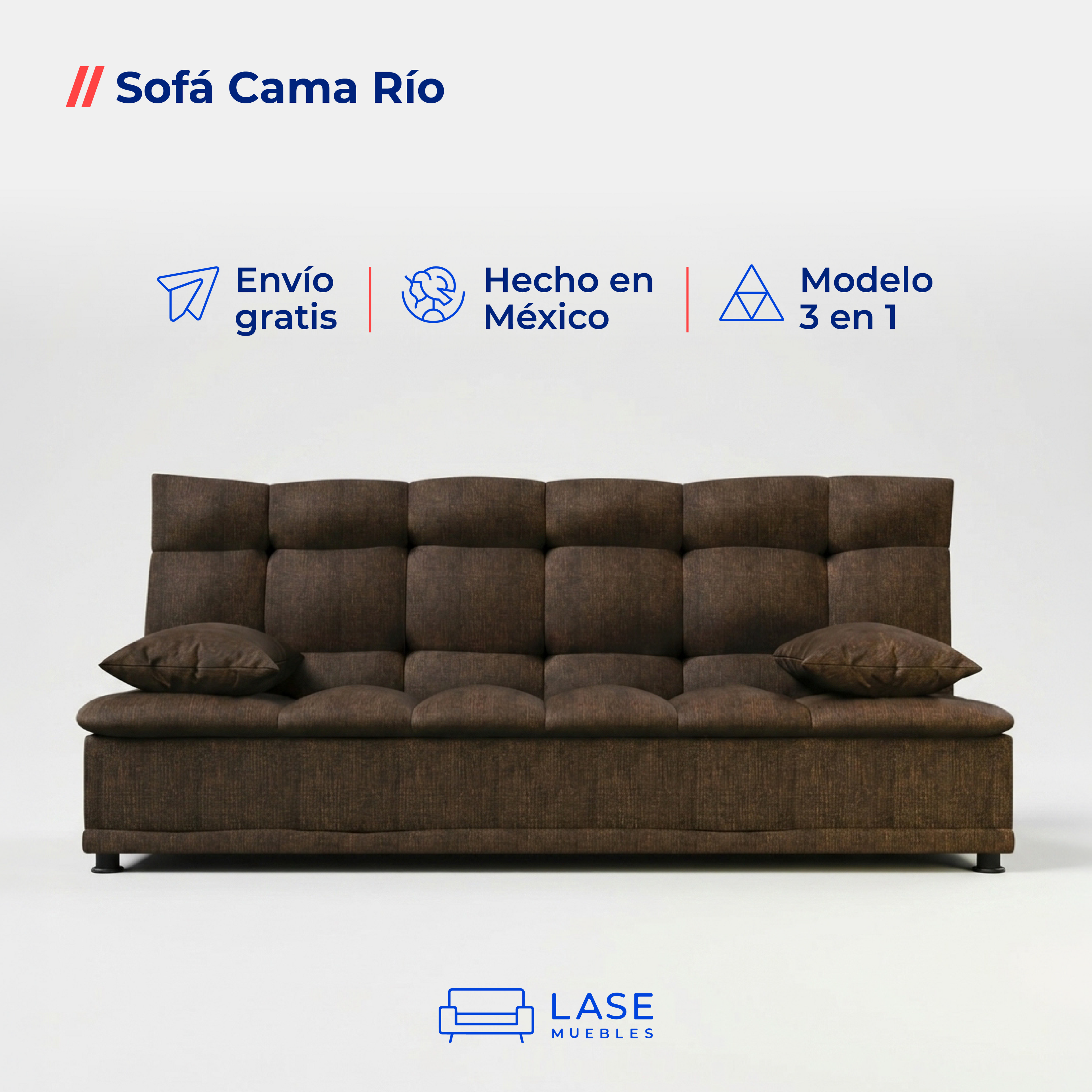 Sofá Cama Río Reclinable 3 Posiciones 3 Plazas con Cojines