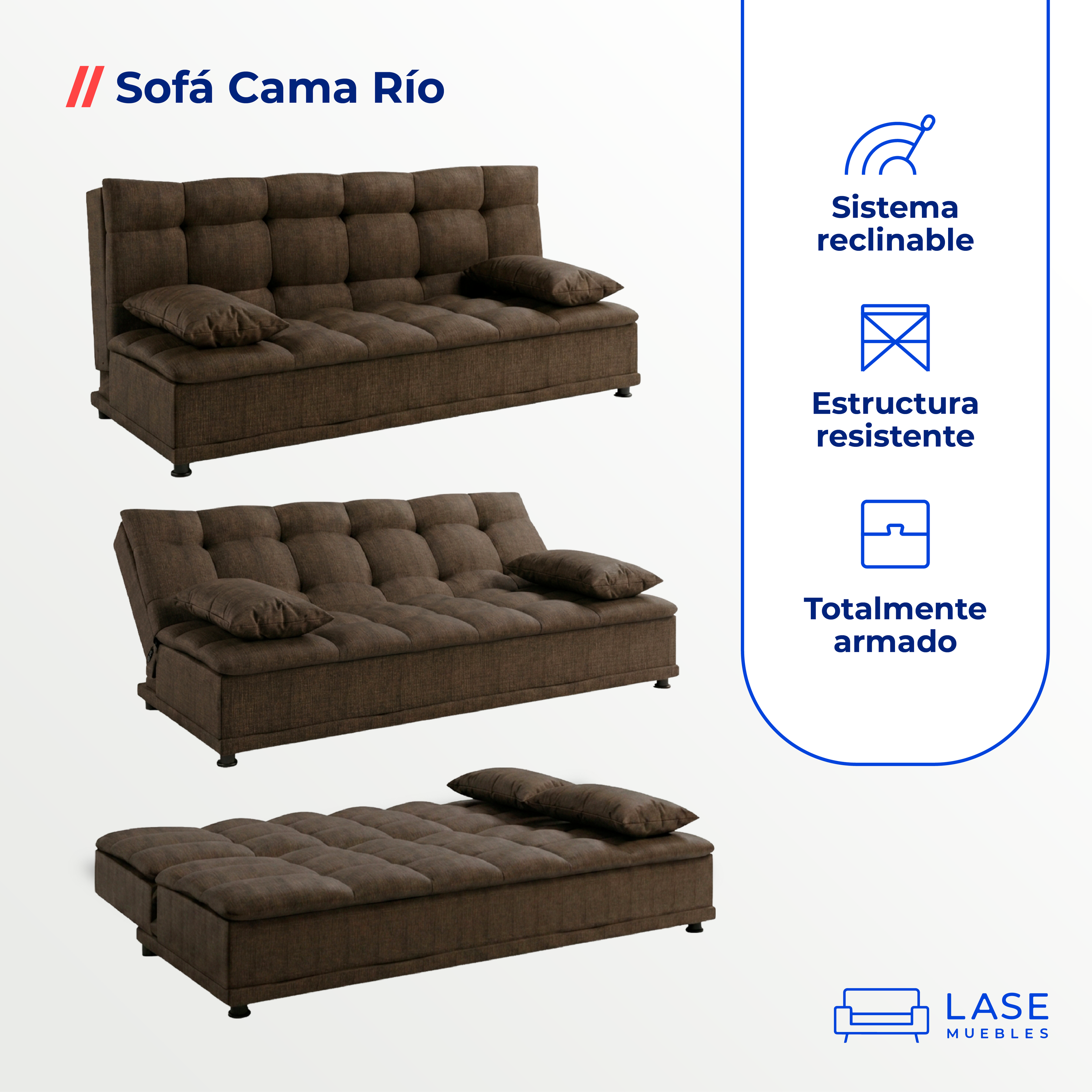 Sofá Cama Río Reclinable 3 Posiciones 3 Plazas con Cojines