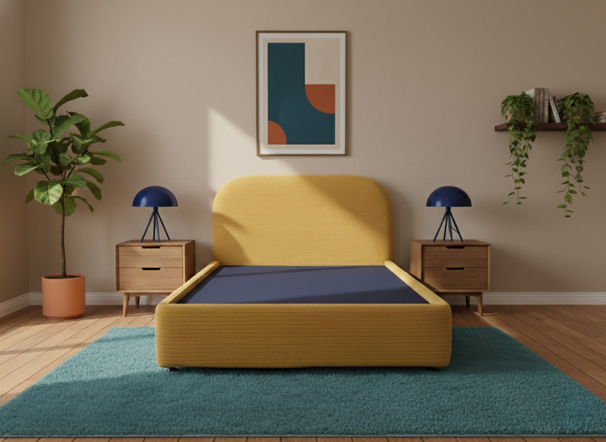 Cama Marsella Queen Size Tapizada Velvet Canalé | Base + Cabecera Curva Acojinada